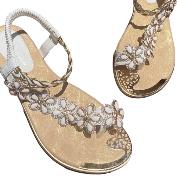 Restock! Atalina Toe Ring White Floral Rhinestone Embellished Woven Gold Sandal - Picture 8 of 8